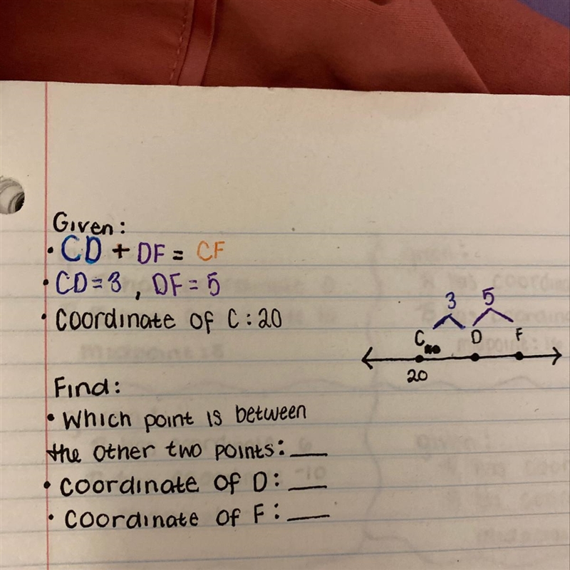 Which point is between the other two points? find coordinates of D and F-example-1