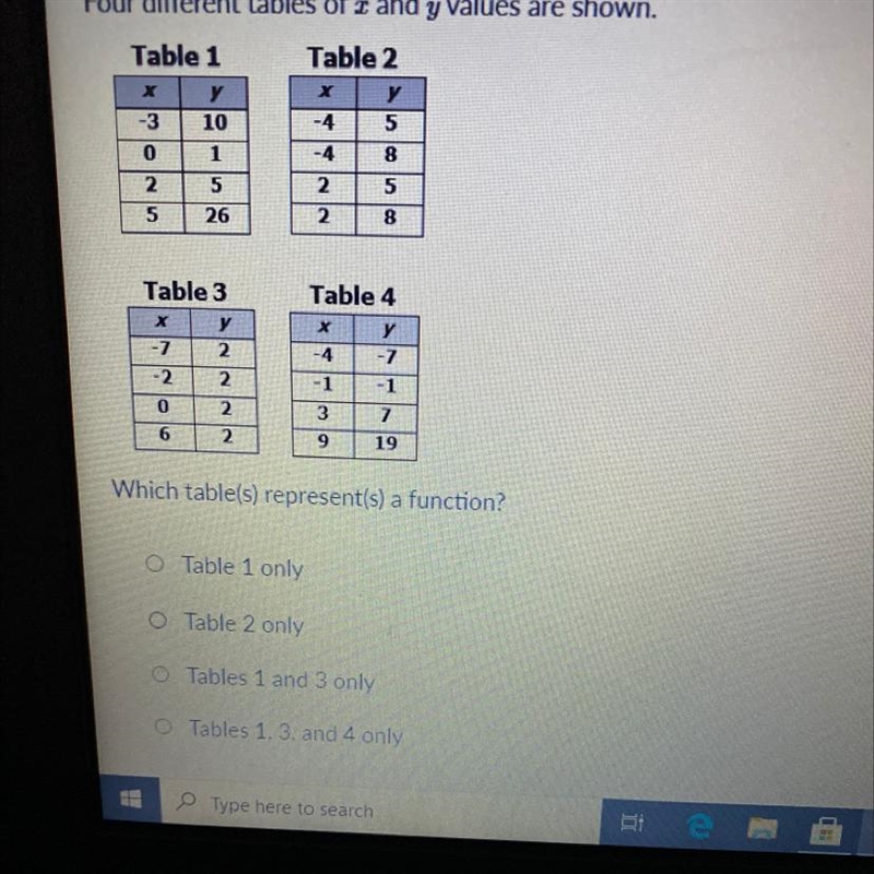 Four different tables of x and y values are shown. Table 1 у Table 2 х у -4 5 10 NOW-example-1