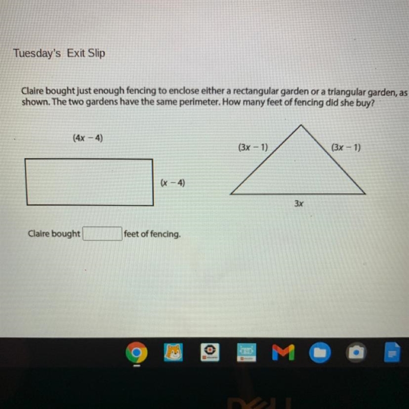 Claire bought just enough fencing to enclose either a rectangular garden or a triangular-example-1