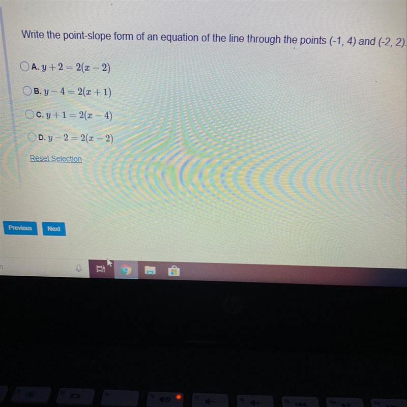 Write the point-slope form of an equation of the line through the points (-1, 4) and-example-1