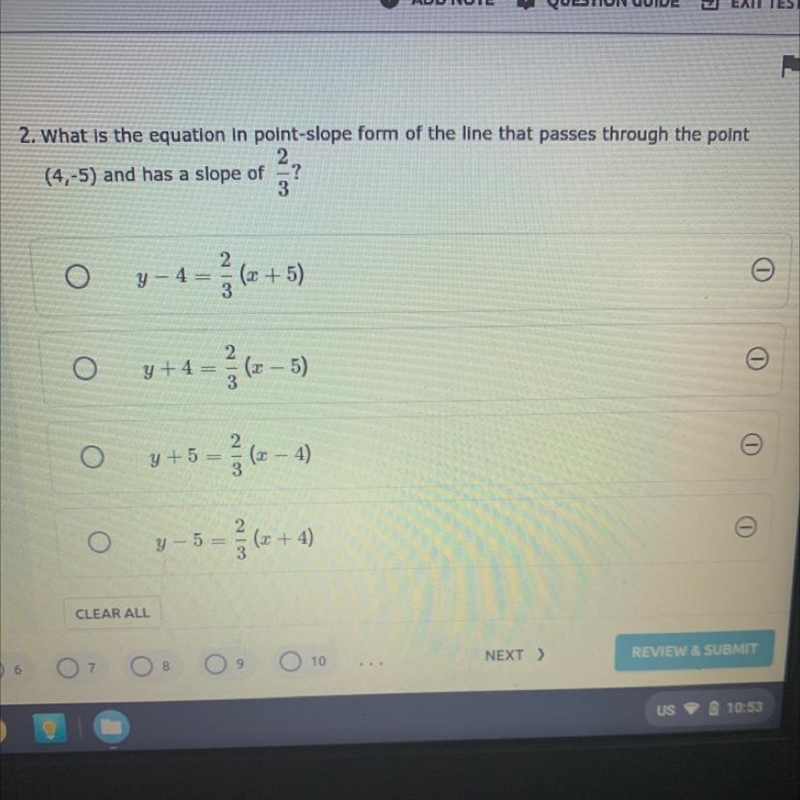 2. What is the equation in point-slope form of the line that passes through the point-example-1