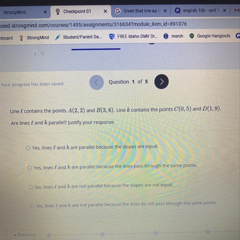 Line l contains the points A(2, 2) and B(3,6). Line k contains the points C(0,5) and-example-1