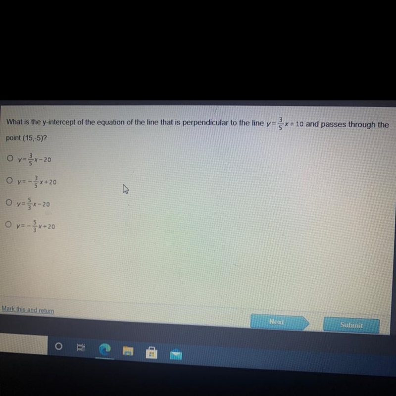 What is the y-intercept of the equation of the line that is perpendicular to the line-example-1