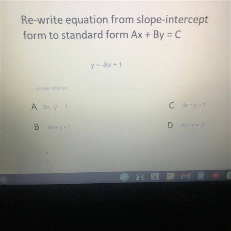 Rewrite y=-8x+1 in standard form-example-1