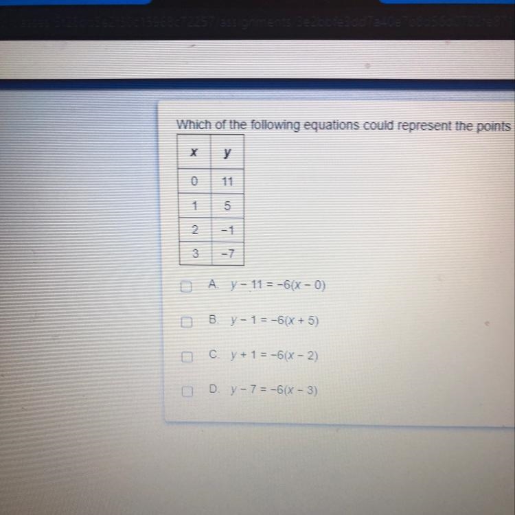 Which of the following equations could represent the points in the table? Select all-example-1