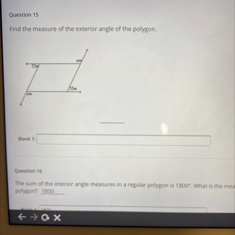 Please help!!!!! Find the measure of the exterior angle of the polygon.-example-1