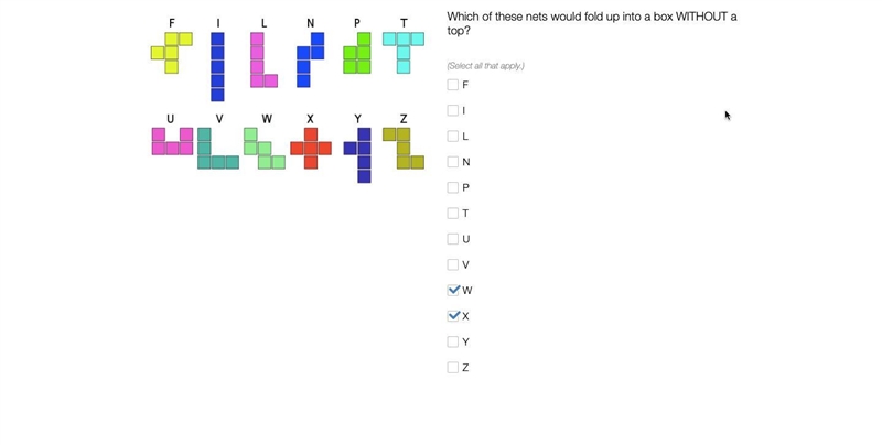 Which of these nets would fold up into a box WITHOUT a top? pls help-example-1