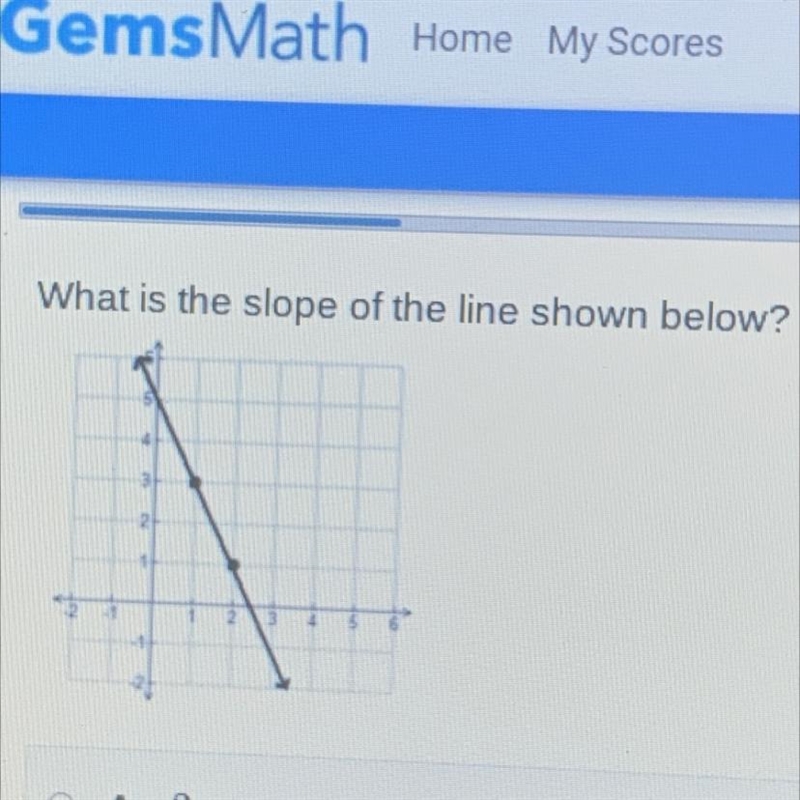 What is the slope of the line shown below? A. 2 B. -1/2 C. -8/5 D. -2-example-1