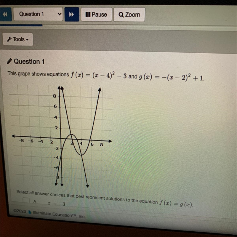 Question 1 This graph shows equations fx=X-42-3 and gx=-X-22+1. A x=-3 B x=1 C x=2 D-example-1