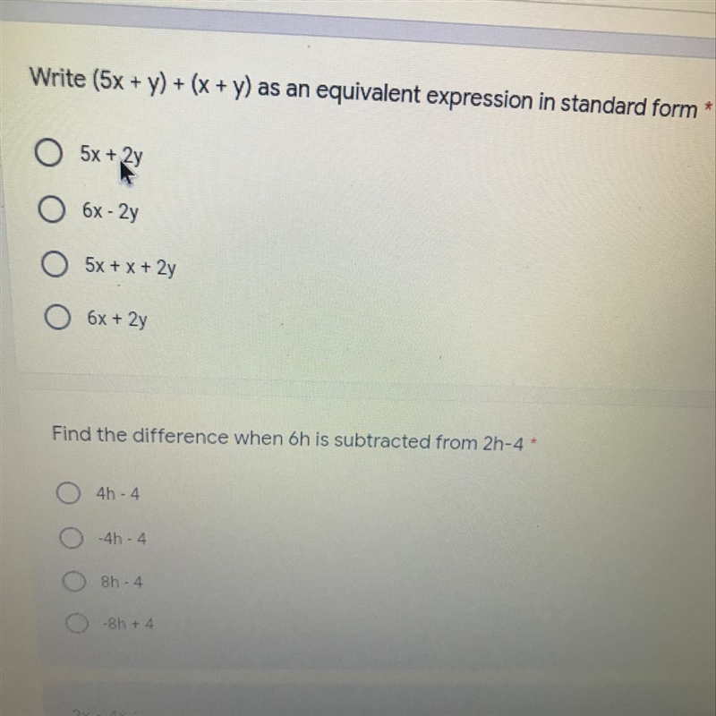 Write (5x + y) + (x + y) as an equivalent expression in standard form-example-1