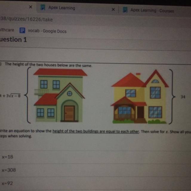 Write an equation to show the height of the two buildings are equal to each other-example-1