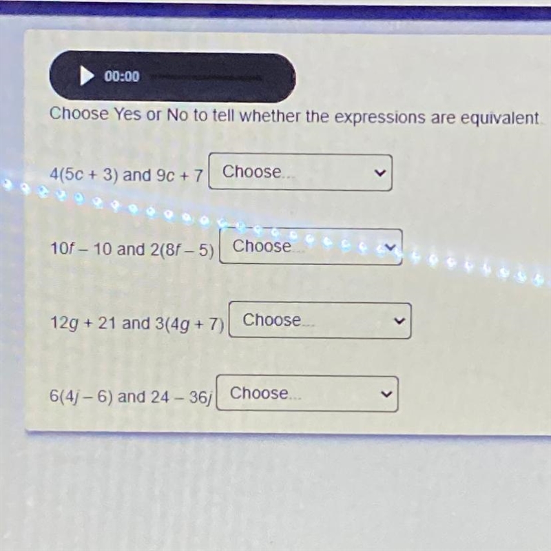 00:00 Choose Yes or No to tell whether the expressions are equivalent. Choose... 4(5c-example-1