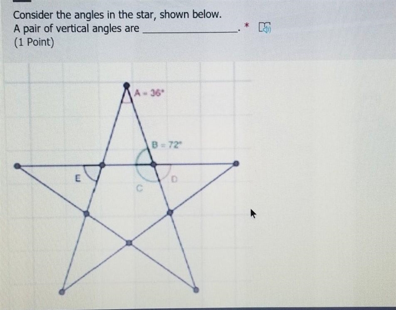 Consider the angles in the star, shown below. A pair of vertical angles are ___________. A-example-1