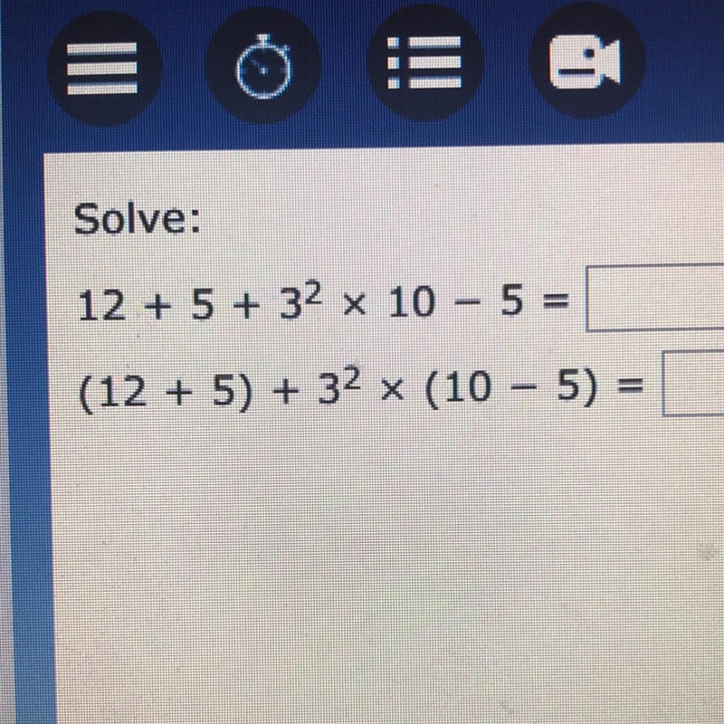 Solve: 12 + 5 + 3’2 x 10 - 5 = (12 + 5) + 3'2 x (10 – 5) =-example-1