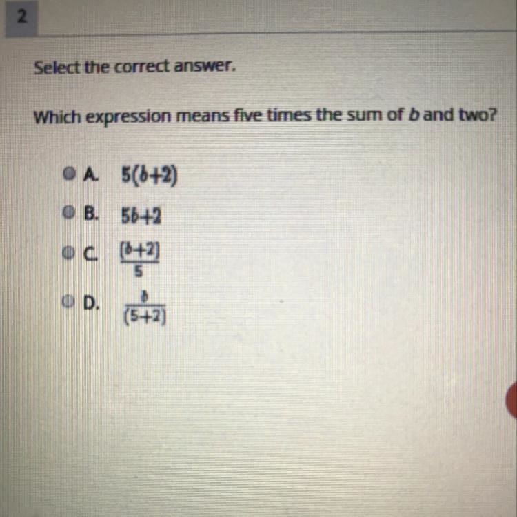 Which expression means five times the sum of b and two-example-1