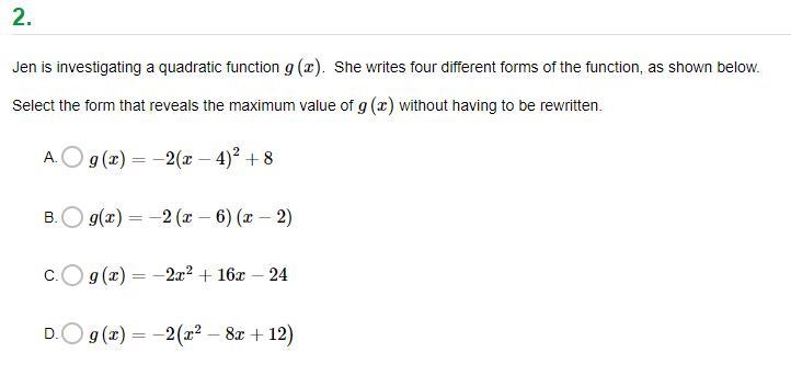 Jen is investigating a quadratic function g(x). She writes four different forms of-example-1