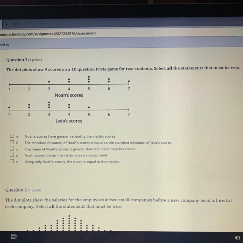 The dot plots show 9 scores on a 10 question trivia game for two students. Select-example-1