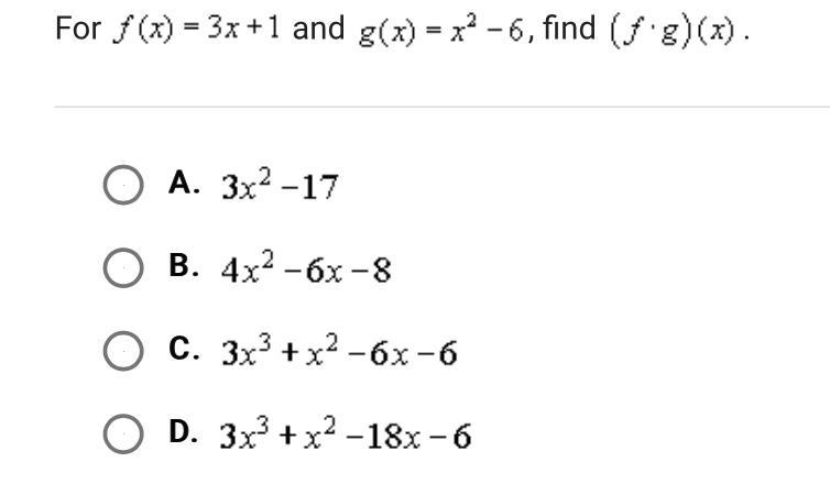 For f(x)=3x+1 and g(x)=x^2-6, Find (F•G)(x)-example-1