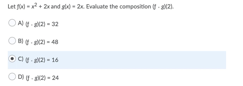 Let ƒ(x) = x^2 + 2x and g(x) = 2x. Evaluate the composition (ƒ ∘ g)(2).-example-1