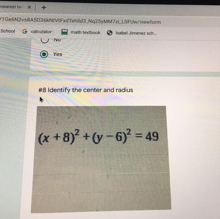 #8 Identify the center and radius (x + 8) + (y – )2 = 49 please help-example-1