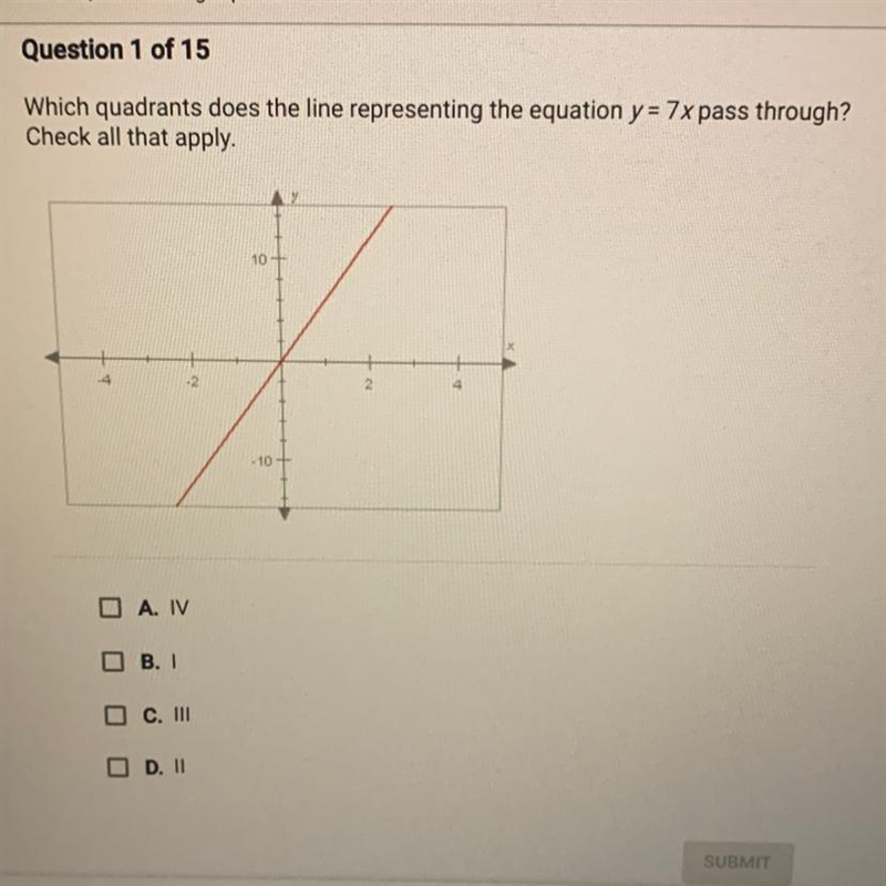 Which quadrants does the line representing the equation y = 7x pass through? Check-example-1