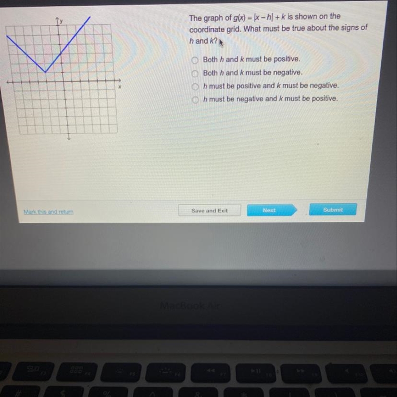 The graph of g(x) = x - hl+k is shown on the coordinate grid. What must be true about-example-1