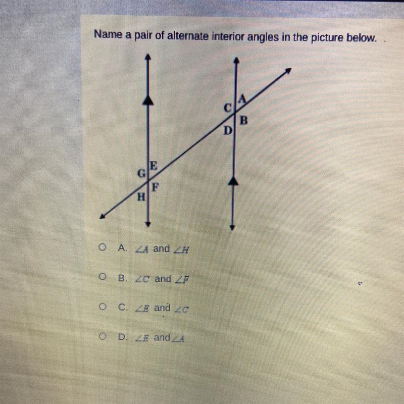 Name a pair of alternate interior angles in the picture below.-example-1