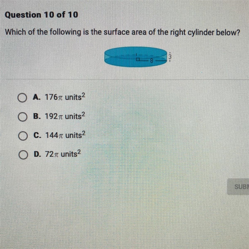 PLEASEEEEEE HELPPPPP Which of the following is the surface area of the right cylinder-example-1