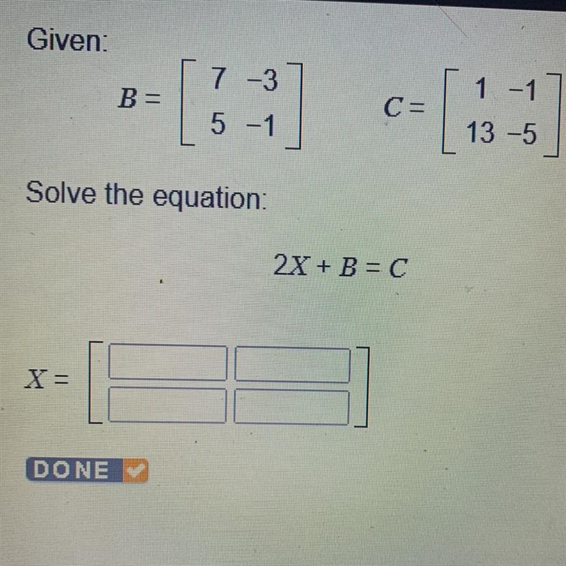 Solve the equation: 2x + B= C X=-example-1