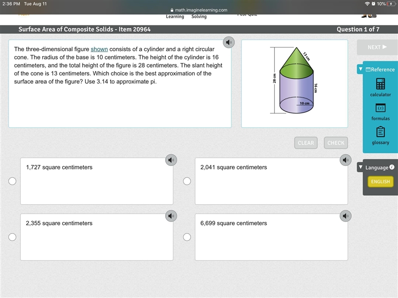 The three-dimensional figure shown consists of a cylinder and a right circular cone-example-1