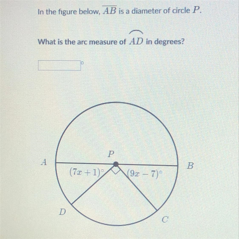 What is the arc measure of AD in degrees?-example-1