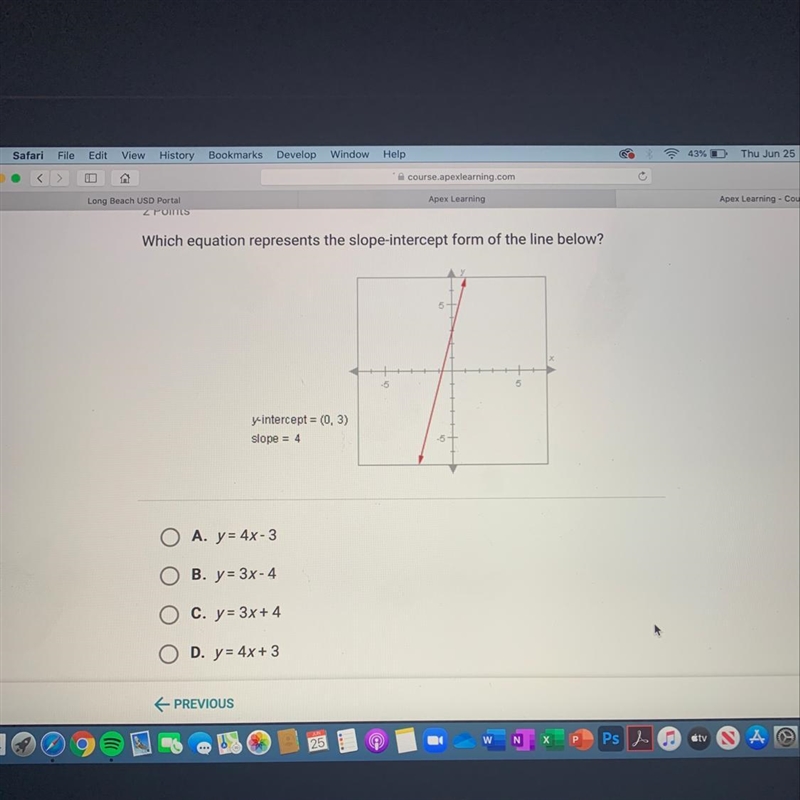 Which equation represents the slope-intercept form of the line below? y-intercept-example-1