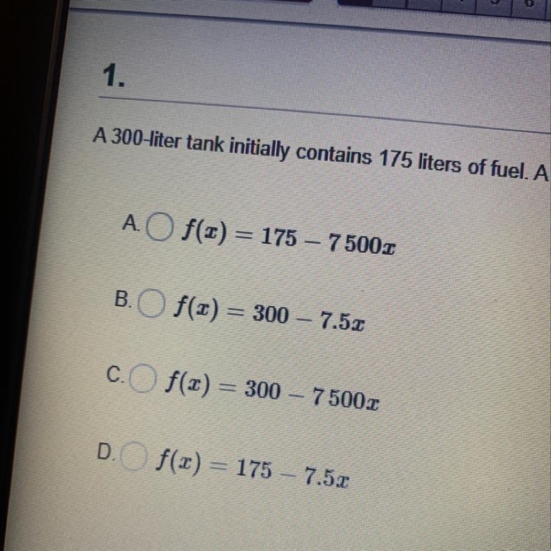 A 300-liter tank initially contains 175 liters Of Fuel. A pump empties the tank at-example-1