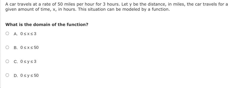 A car travels at a rate of 50 miles per hour for 3 hours. Let y be the distance, in-example-1