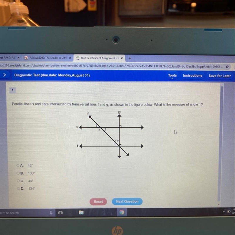 1 Parallel lines s and t are intersected by transversal lines fand g, as shown in-example-1