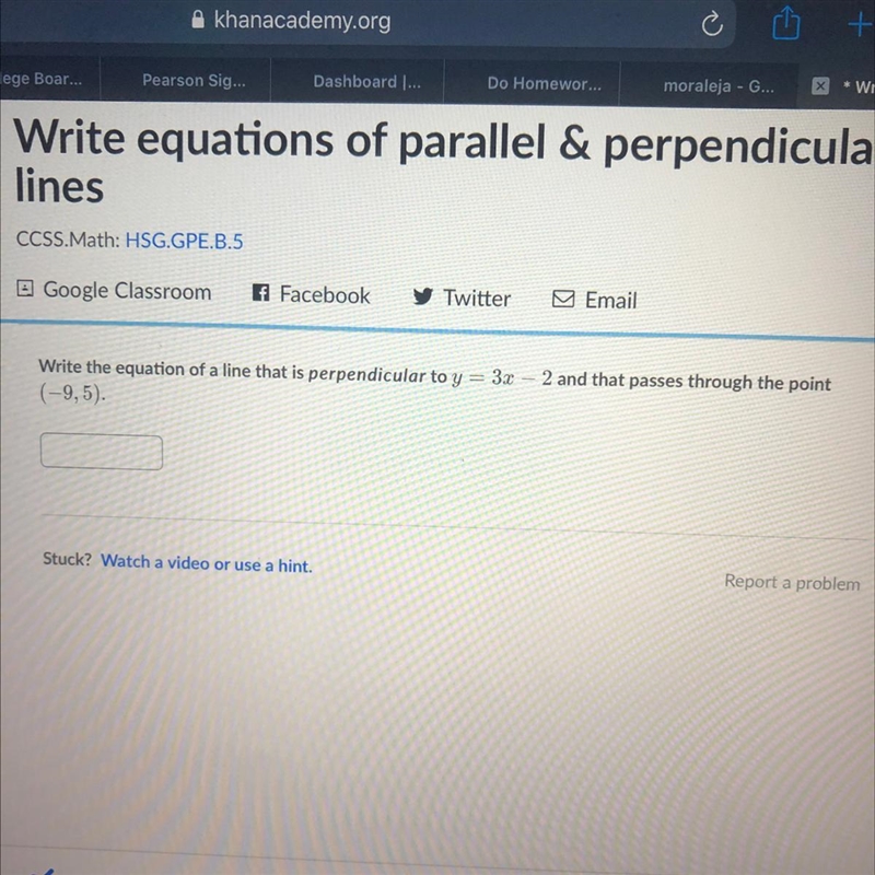 Write the equation of a line that is perpendicular to y= 3x-2 and that passes through-example-1