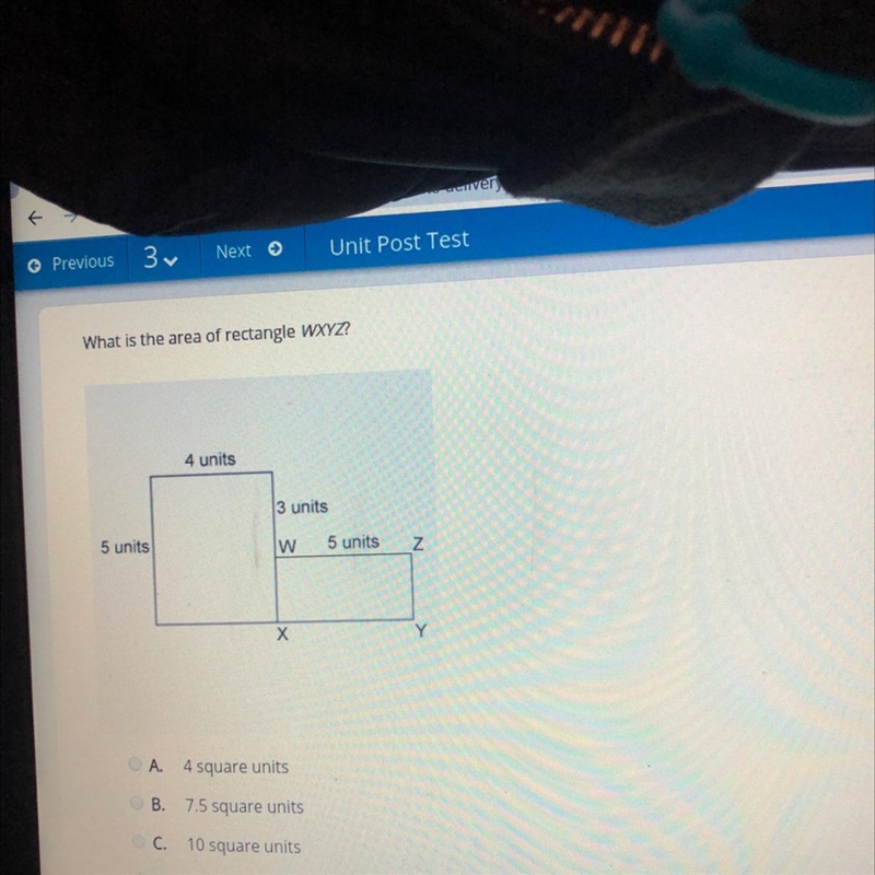 What is the area of rectangle WXYZ? A. 4 square units B. 7.5 square units C. 10 square-example-1