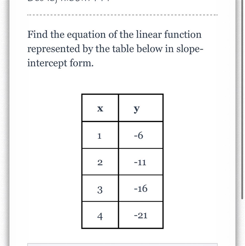 Find the equation of the linear function represented by the table below in slope-intercept-example-1