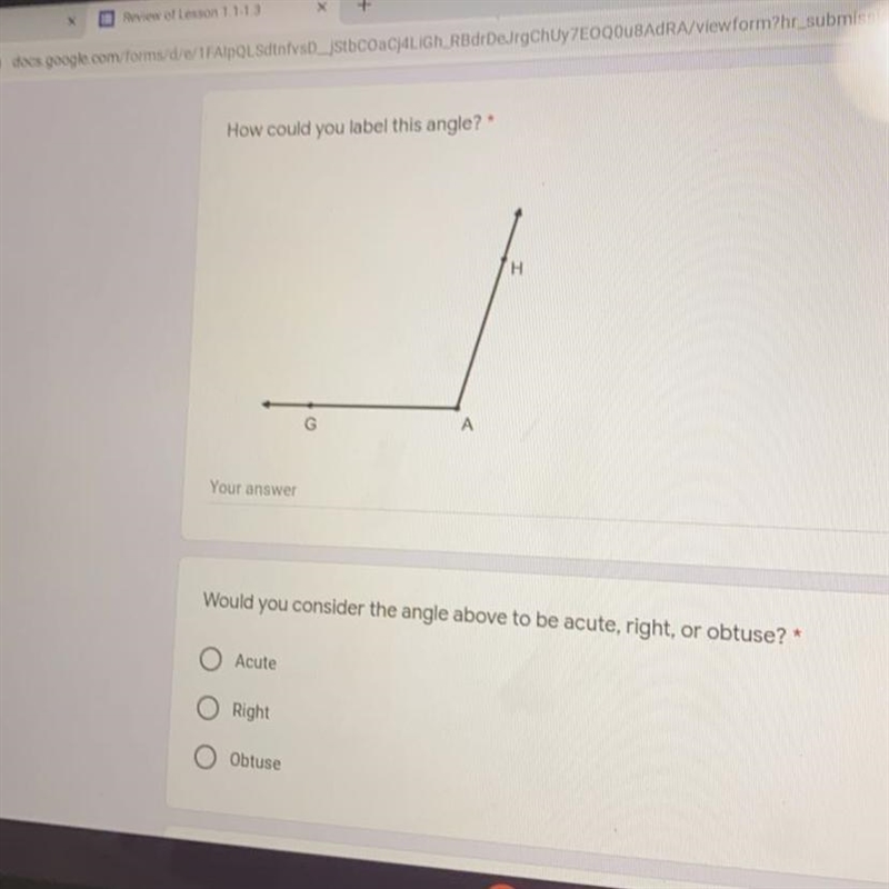 How could you label this angle? Would you consider the angle to be acute, right or-example-1