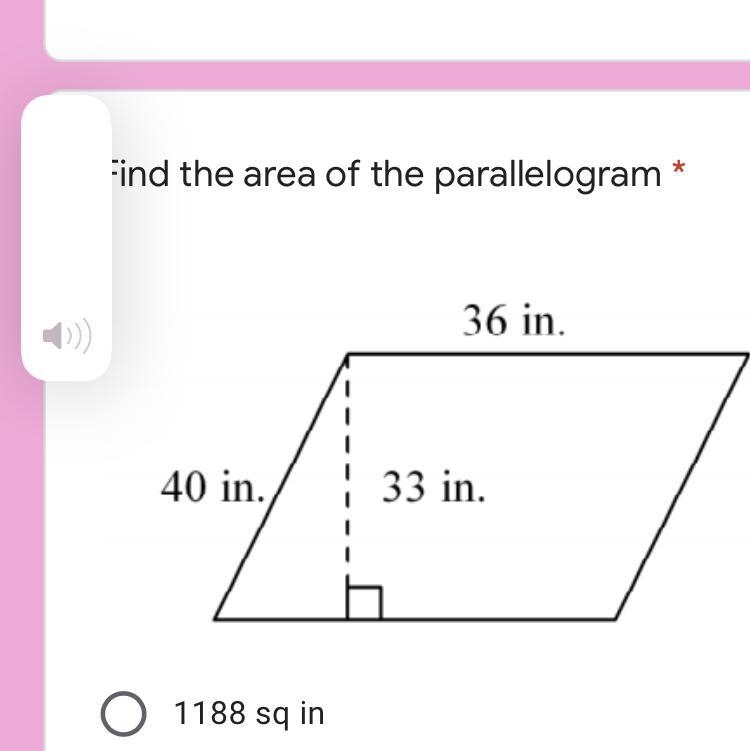 Find the area of the parallelogram * Captionless Image 1188 sq in 69 sq in 138 sq-example-1