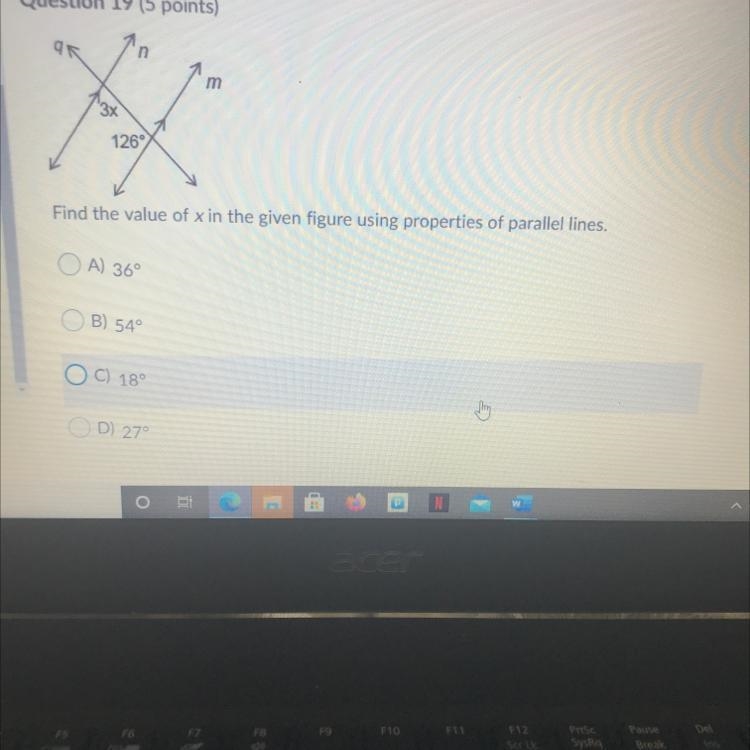 Find the value of x in the given figure using properties of parallel lines. OA) 36° B-example-1