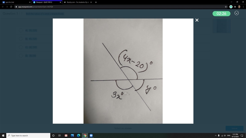 Find the value of x and y respectively A. 20, 120 B. 40, 120 C. 30, 140 D. 30,160-example-1