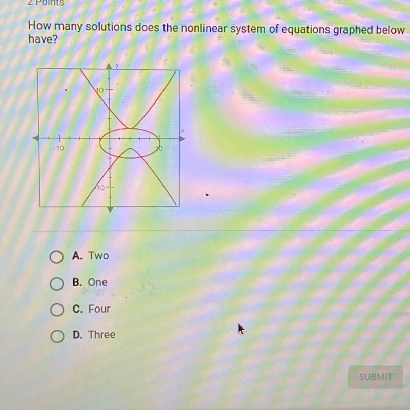 How many solutions does the nonlinear system of equations graphed below have?-example-1