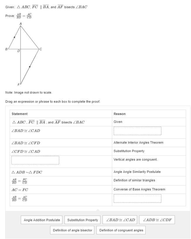 Given: ​​ ​​△ABC, FC¯¯¯¯¯ ∥BA¯¯¯¯¯, and A F¯¯¯¯¯ bisects ∠BAC Prove: ABBD=ACCD-example-1