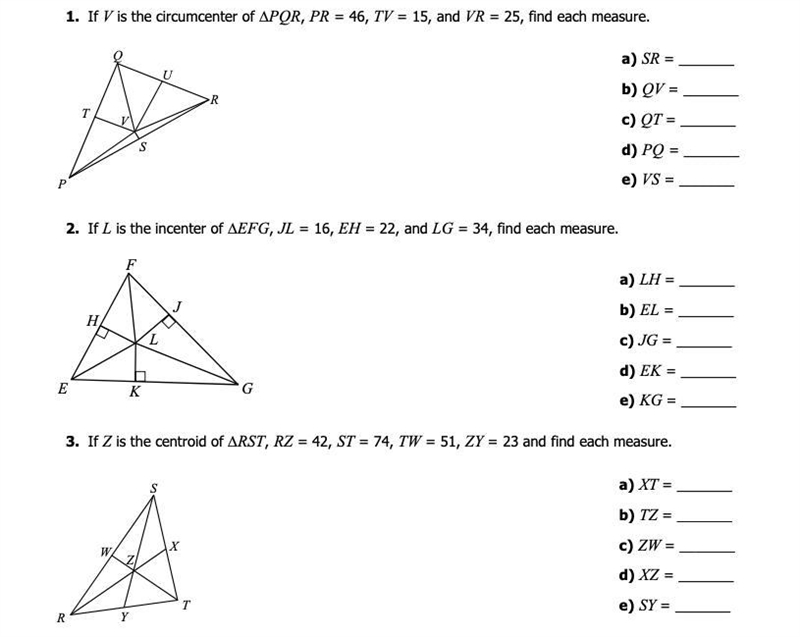 1. If V is the circumcenter of ∆PQR, PR = 46, TV = 15, and VR = 25, find each measure-example-1