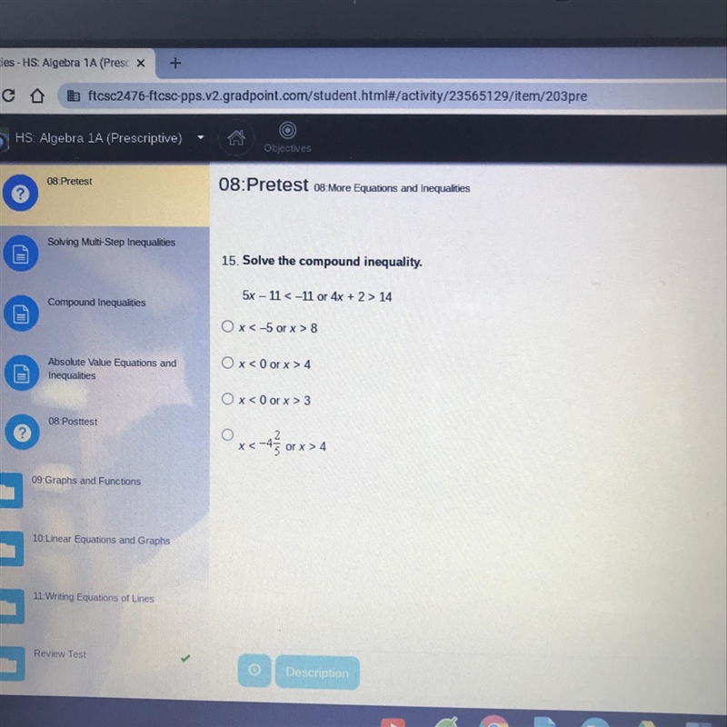 15. Solve the compound inequality. 5x - 11 < -11 or 4x + 2 > 14-example-1