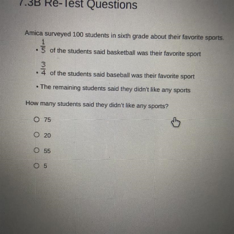 Amica surveyed 100 students in sixth grade about their favorite sports. 1\5 of the-example-1