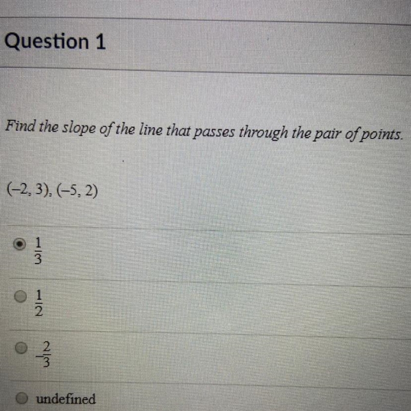 Find the slope of the line that passes through the pair of points. (-2,3), (-5,2)-example-1