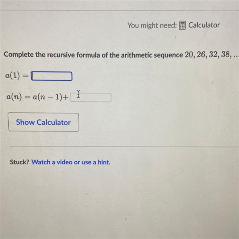 Complete the recursive formula of the arithmetic sequence 20, 26, 32, 38, ....-example-1