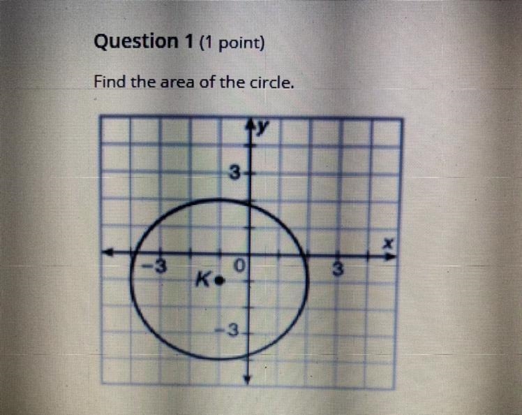 Question 1 (1 point) Find the area of the circle. A) 37.82 B) 43.86 C) 17.72 D) 28.26-example-1